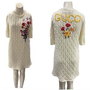 GUCCI White Floral Embroidered Cotton Knit Mini Dress Small NWT